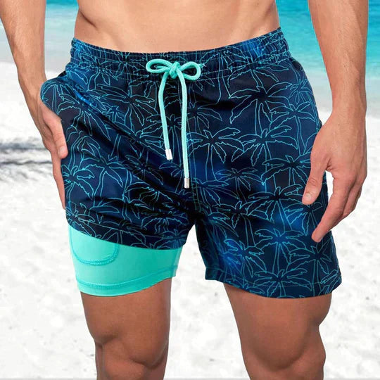 Men's printed drawstring swim shorts for summer beachwear & pool.