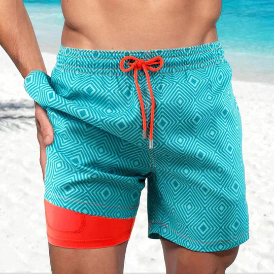 Quick-dry men's printed drawstring swim shorts, ideal summer beach trunks.