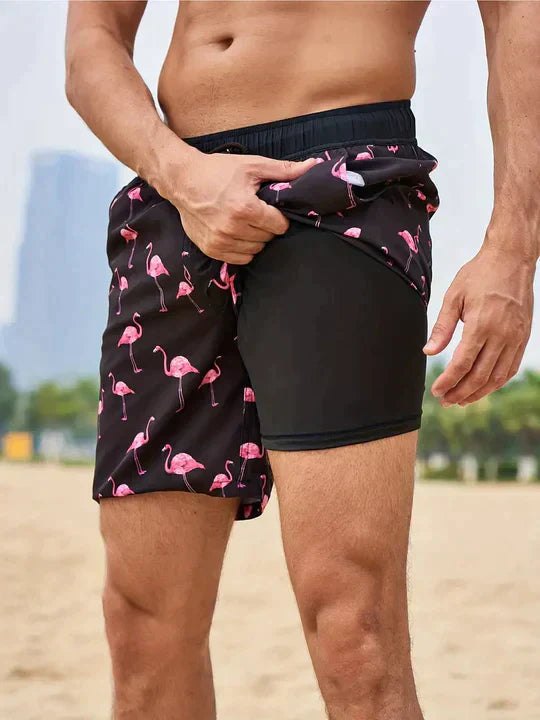 Stylish men's printed swim trunks with drawstring, perfect for summer vacation.