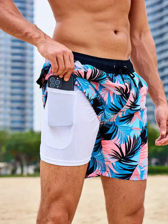 Versatile men's printed swim shorts with drawstring, perfect for vacation & summer.
