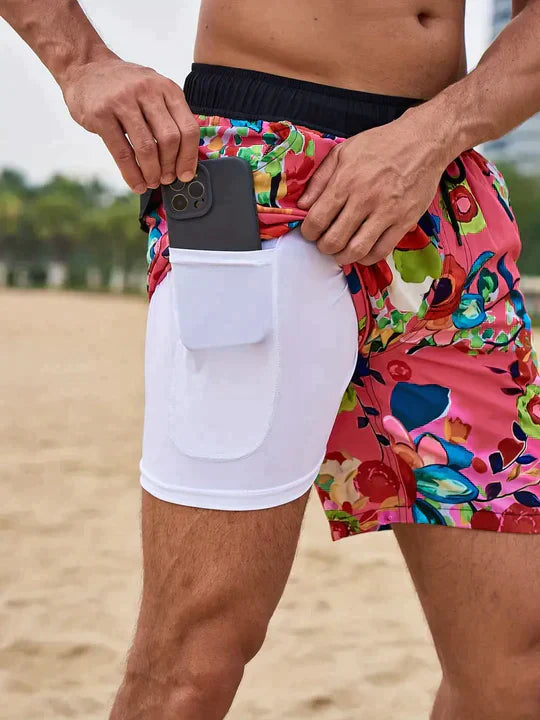 Adjustable drawstring men's printed swim shorts, essential for sunny beach days.