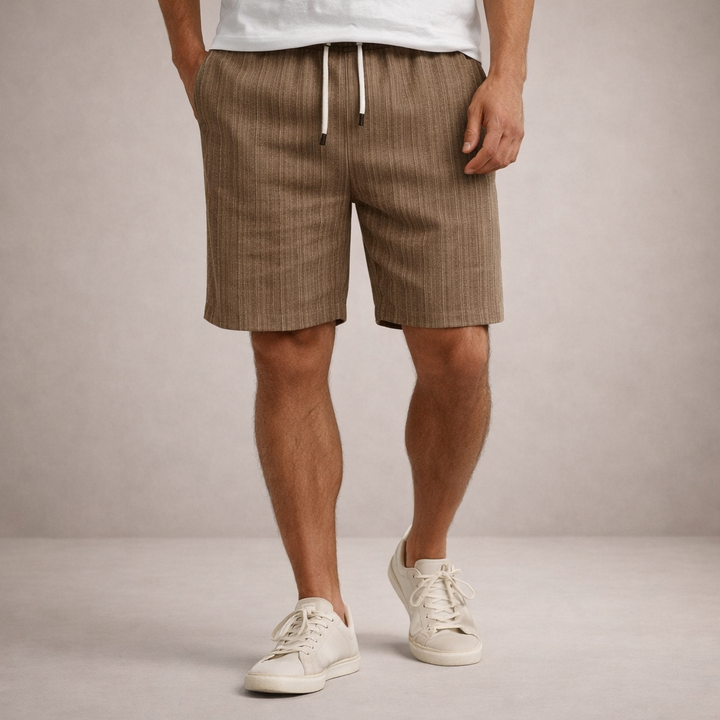 Smart casual men's summer shorts, intricate print, functional drawstring waist.