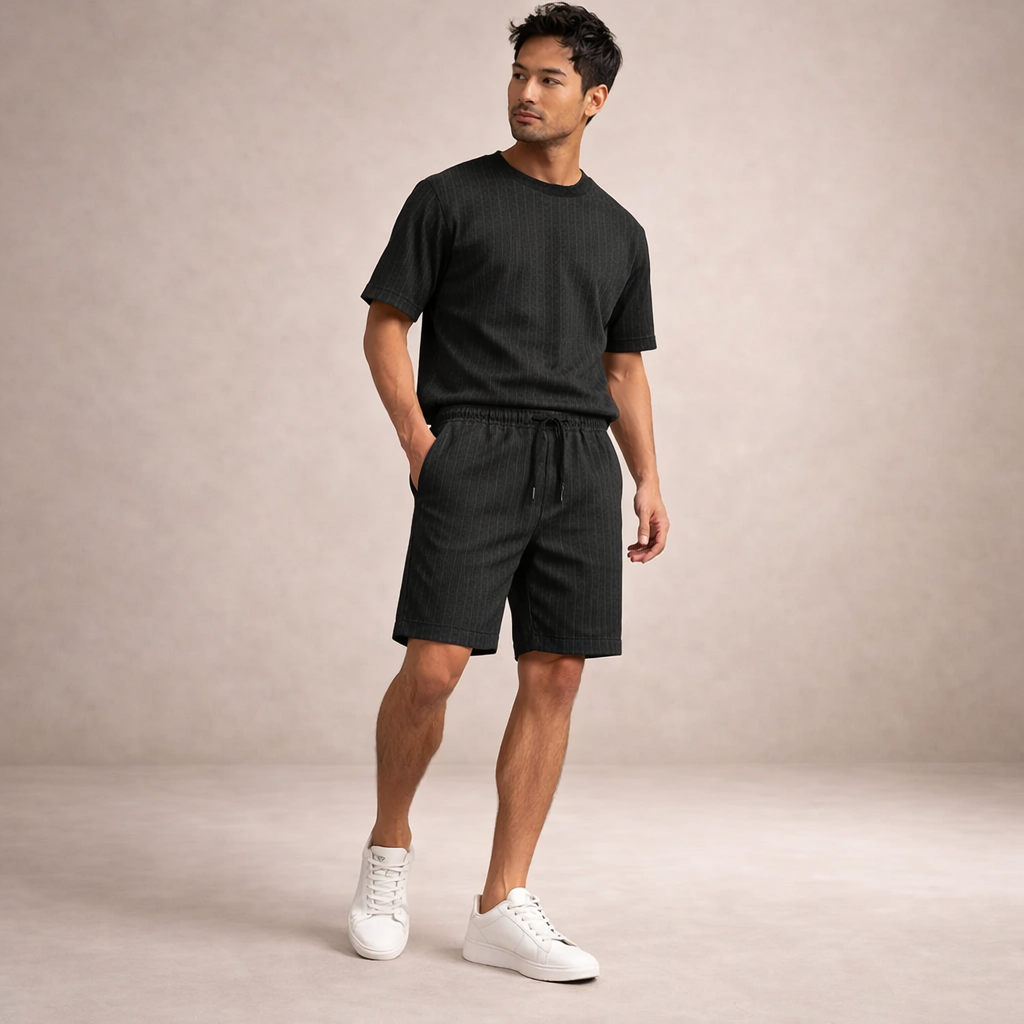 Modern men's casual printed shorts, drawstring waist, offering cool comfort all summer long.