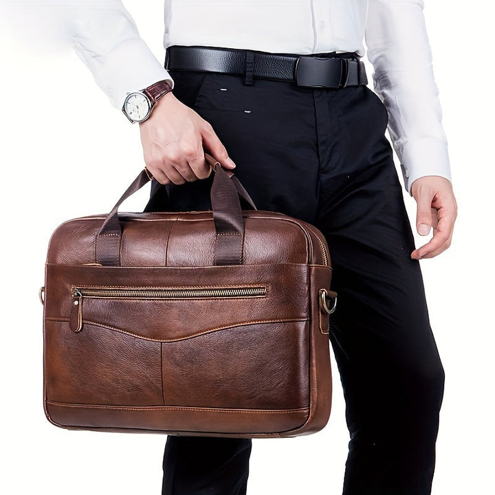 Durable men's laptop briefcase with padded compartment for secure device protection and organized work essentials.