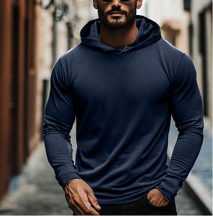 Men's pullover hoodie in gray, featuring a v-notch detail for casual comfort & everyday style.