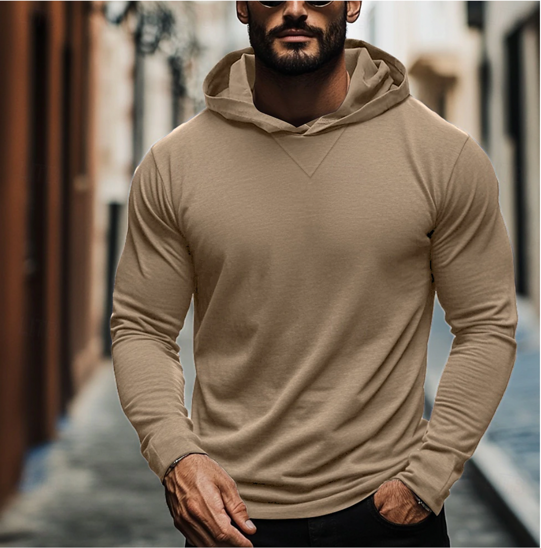 Soft men's pullover hoodie, ideal for comfortable loungewear, casual outings, or layering. Modern fit.
