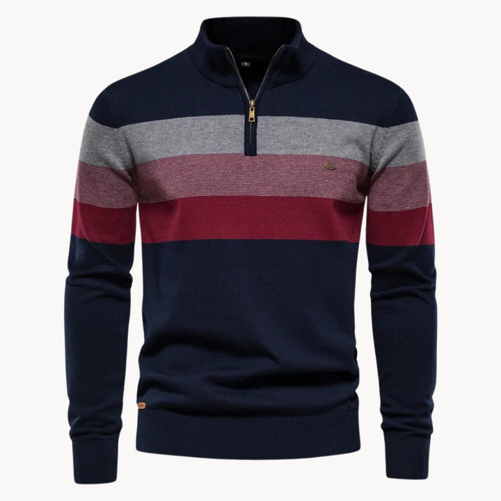 Men's quarter-zip knitted sweater with long sleeves, perfect for smart casual or winter style.