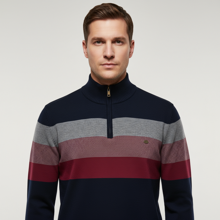 Effortlessly stylish men's striped quarter-zip pullover sweater for fall fashion & casual wear.