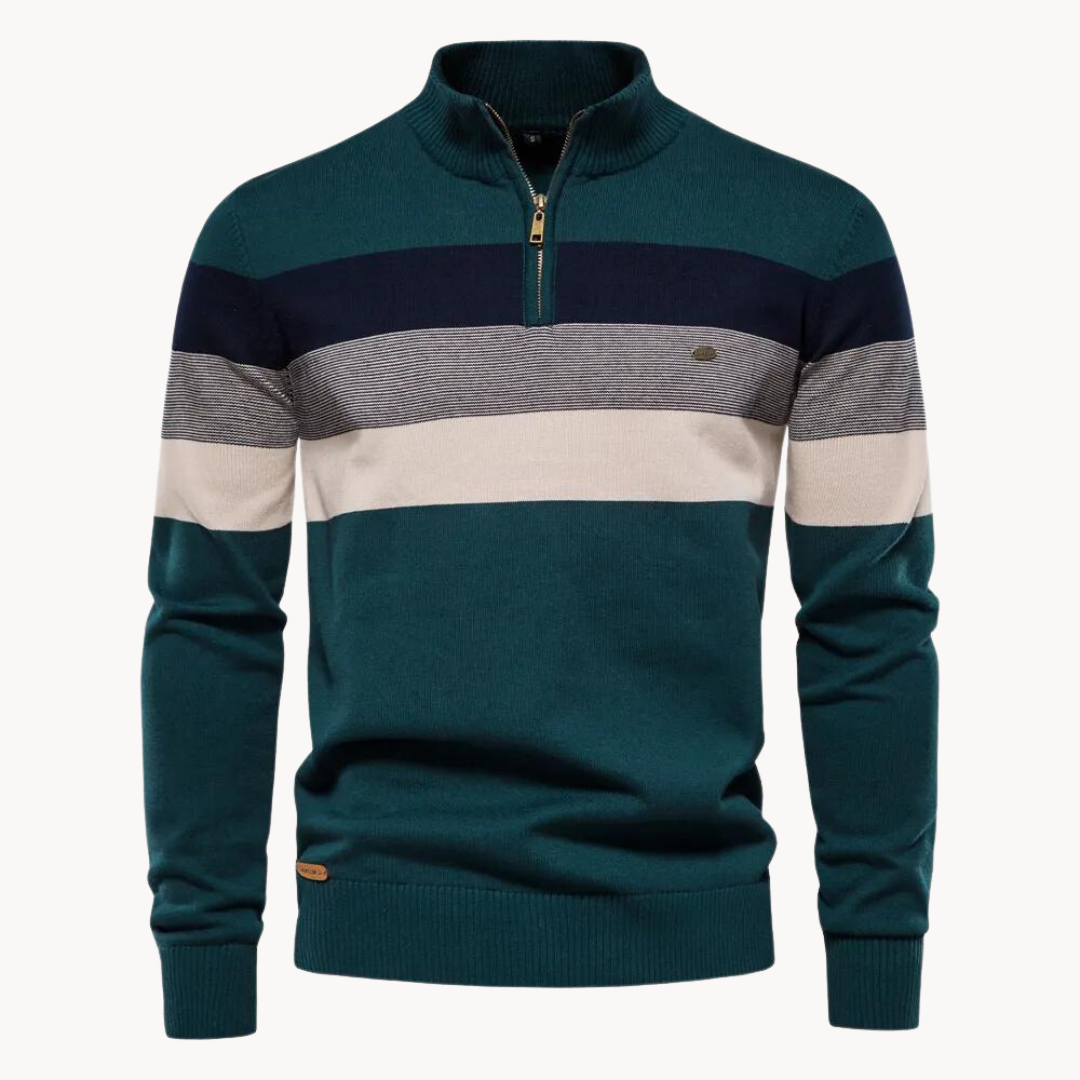 Long-sleeve men's quarter-zip pullover sweater, featuring a classic striped knitted design.
