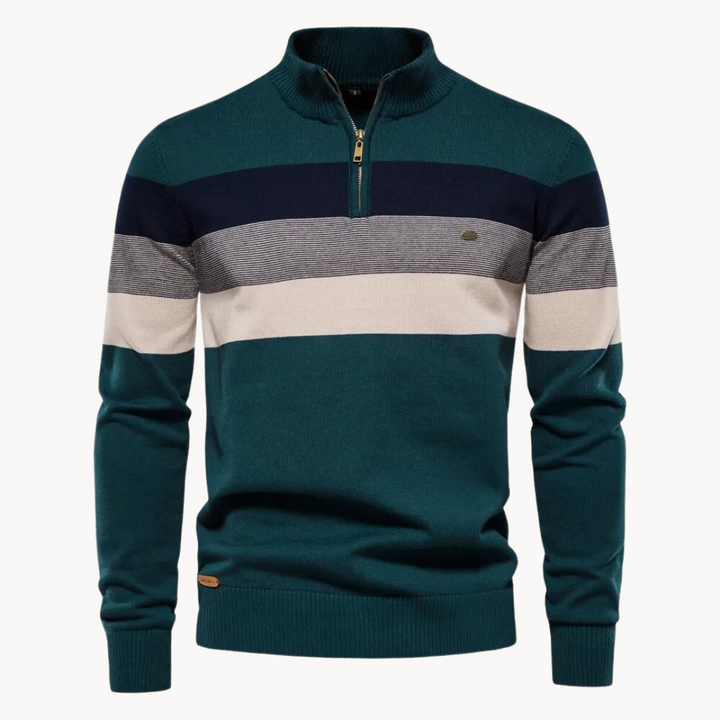 Long-sleeve men's quarter-zip pullover sweater, featuring a classic striped knitted design.