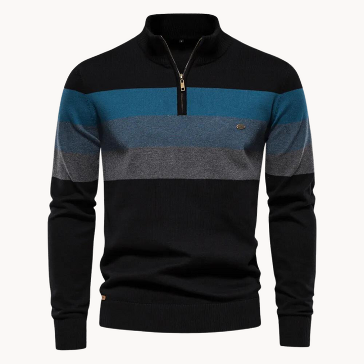 Cozy men's quarter-zip sweater for fall fashion, a warm knitted pullover for casual wear.