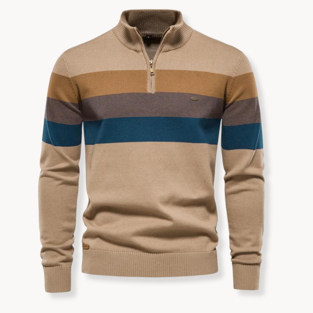 Stylish men's striped quarter-zip sweater, a comfortable long-sleeve pullover for modern casual fashion.