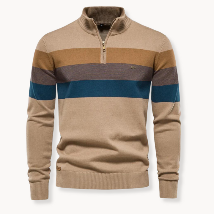 Stylish men's striped quarter-zip sweater, a comfortable long-sleeve pullover for modern casual fashion.