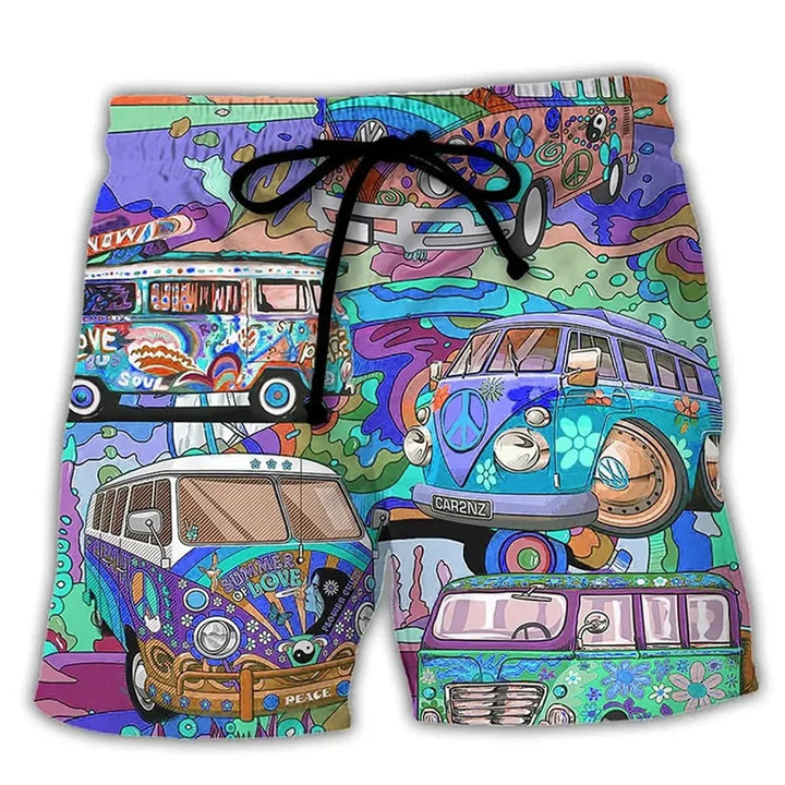 Bold graffiti print men's quick-dry swim shorts, ideal for stylish summer beachwear.