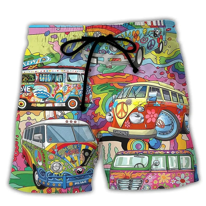 Vibrant graffiti print men's swimwear shorts, ideal for bold poolside fashion and beach style.