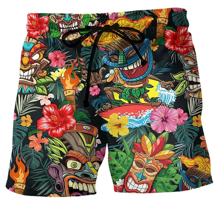 New men's graffiti print swim shorts with quick-dry fabric, perfect for summer beachwear & casual style.
