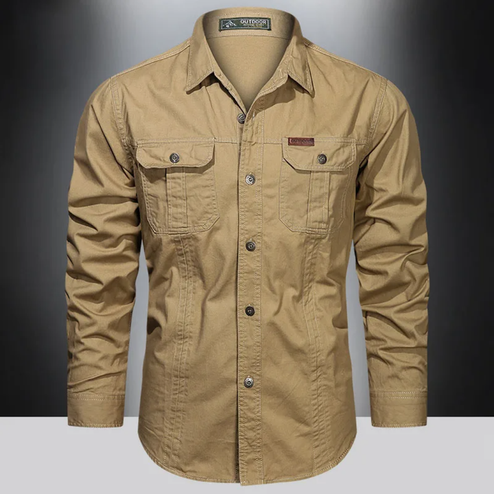 Breathable men's quick-dry long-sleeve hiking shirt with UV protection, perfect for trails.