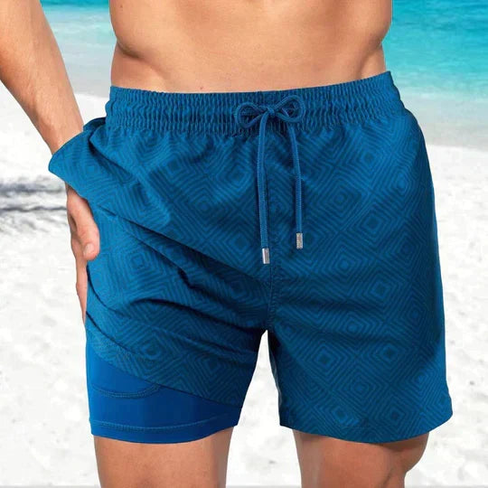 Athletic men's quick-dry tropical swim shorts with compression liner, perfect for active summer beachwear.