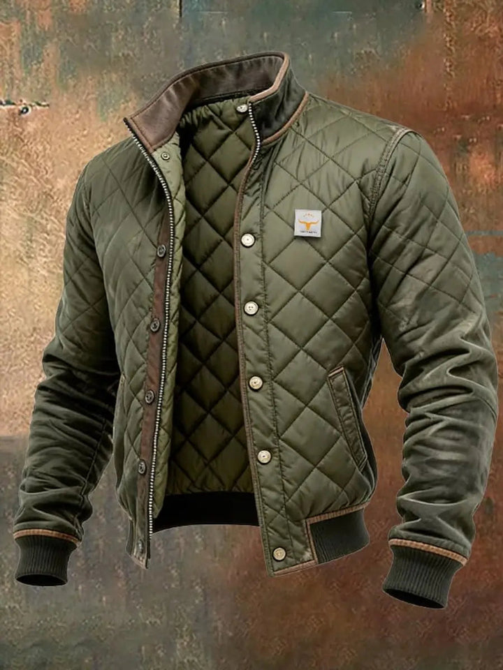 Men's quilted bomber jacket, insulated for winter warmth, featuring a stylish stand collar. Ideal cold weather outerwear.