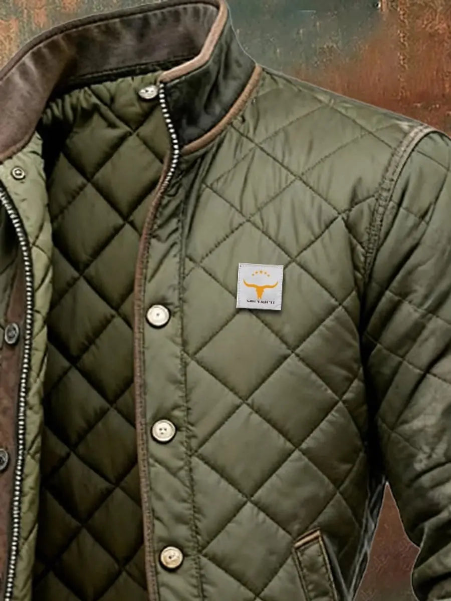 Stylish men's quilted bomber jacket. Insulated winter coat with stand collar for cold weather fashion & warmth.