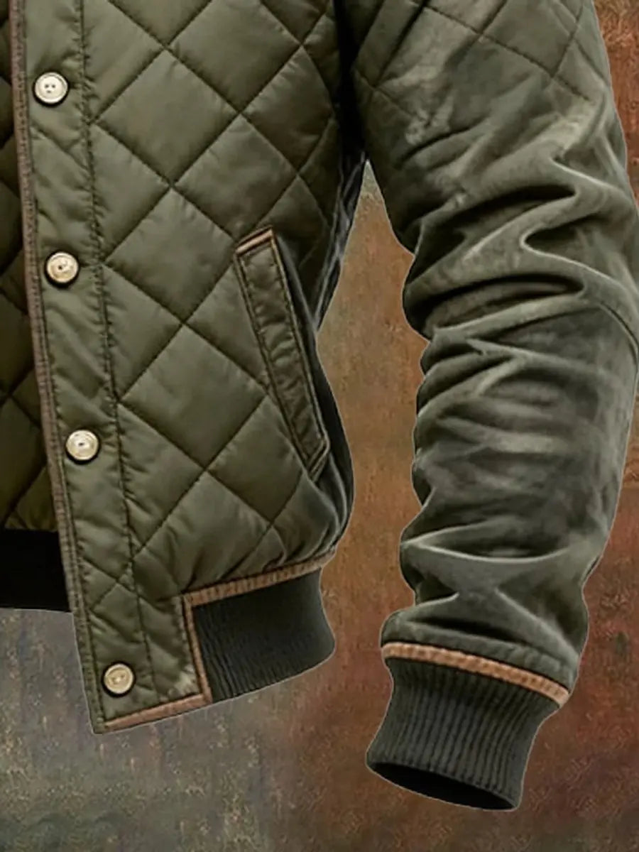 Warm men's insulated quilted bomber jacket with a stand collar, perfect casual winter coat for cold weather comfort.