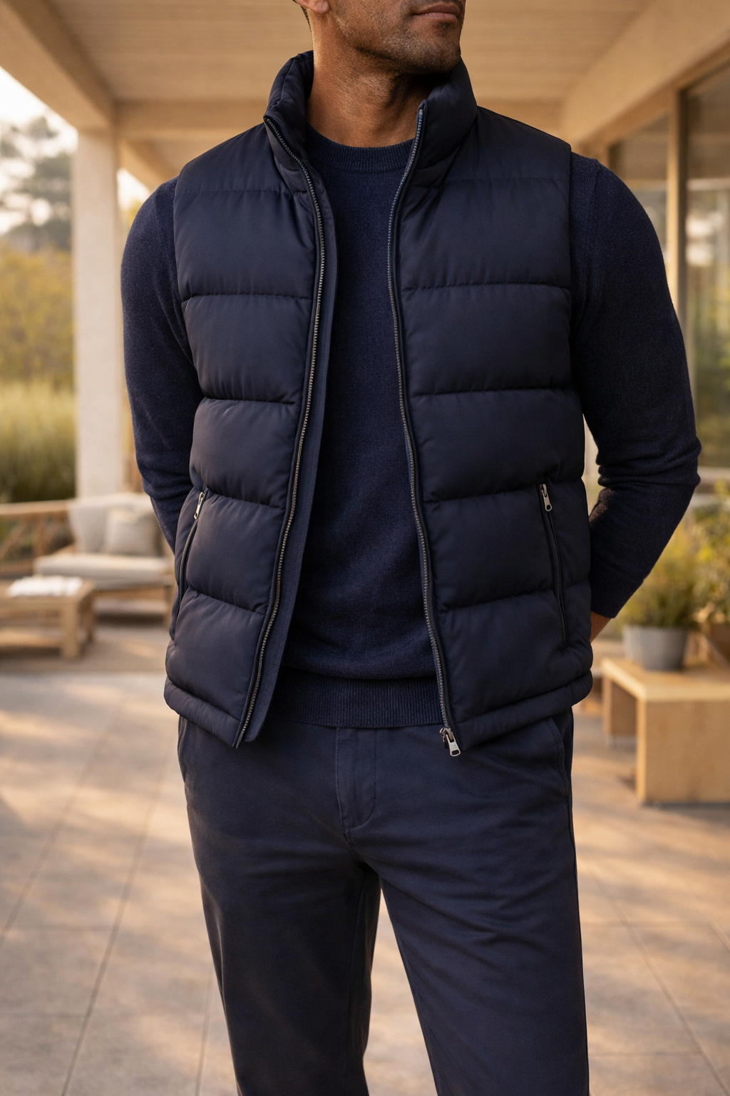 Men's quilted zip bodywarmer, lightweight padded gilet vest, ideal for transitional layering.