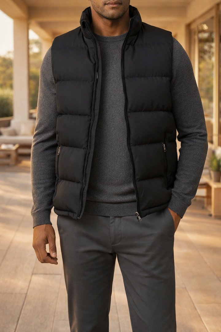 Lightweight men's padded gilet, a versatile quilted vest with zip closure for casual outerwear fashion.