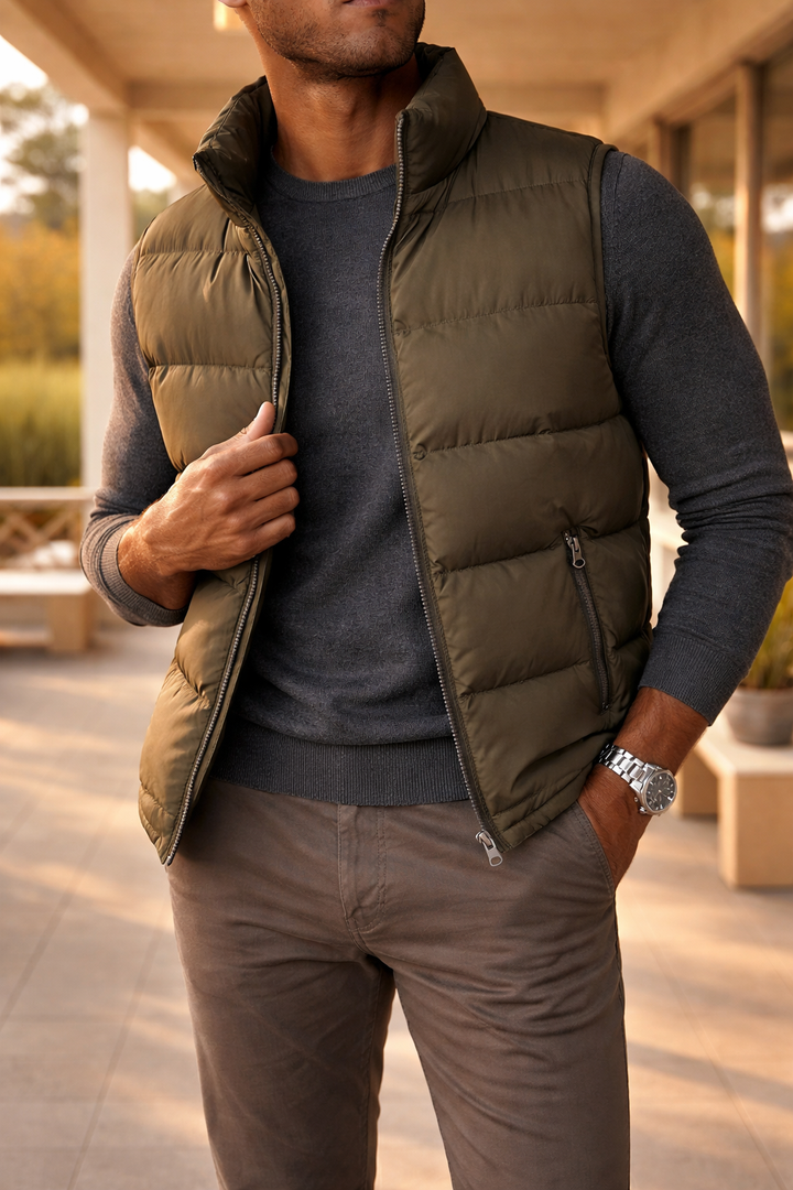 Warm men's sleeveless quilted jacket, a padded zip bodywarmer perfect for seasonal layering & comfort.