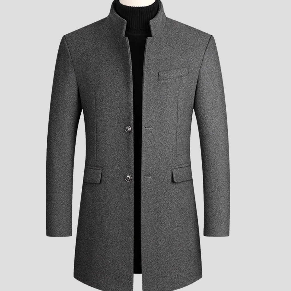 Sophisticated men's classic longline overcoat. Ideal for smart casual to formal looks, enhancing winter fashion style.