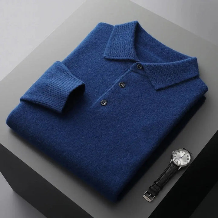 Men's refined long sleeve button polo sweater jumper. Soft cashmere knit for smart casual wear.