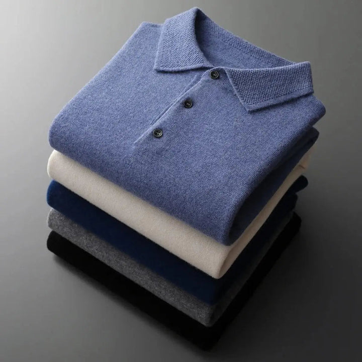 Men's smart casual cashmere knit jumper. Long sleeve button polo design, perfect for refined style.