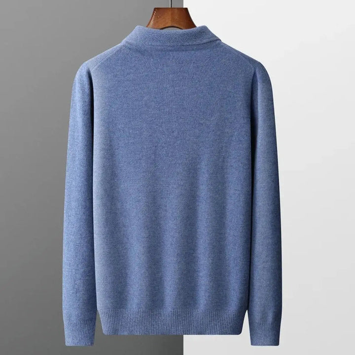 Sophisticated men's long sleeve button polo sweater. Soft cashmere knit, ideal for versatile wear.