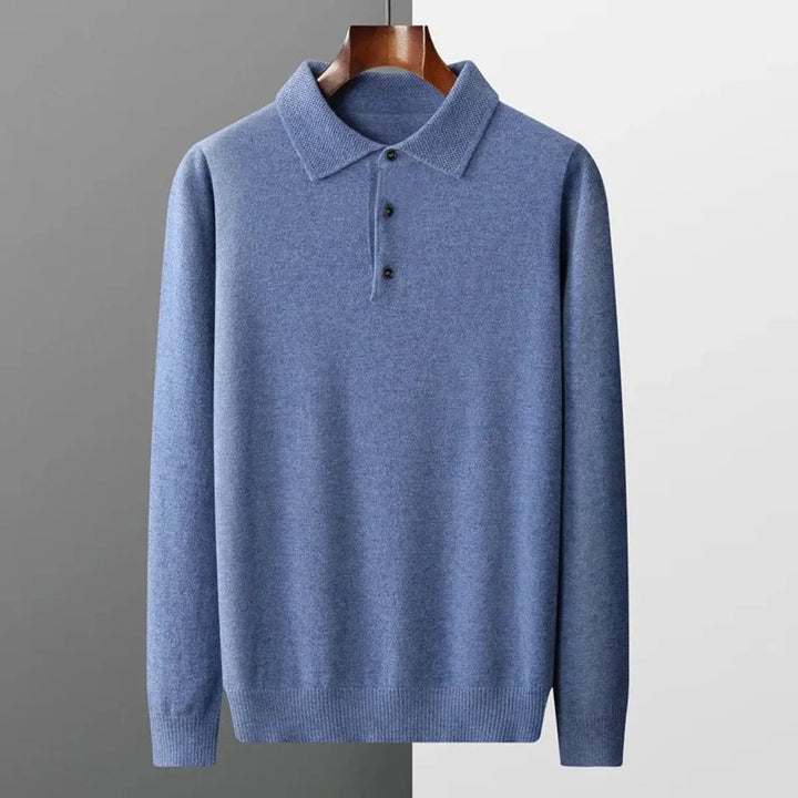 Premium men's cashmere knitwear: long sleeve polo jumper with buttons. Great for office & winter.