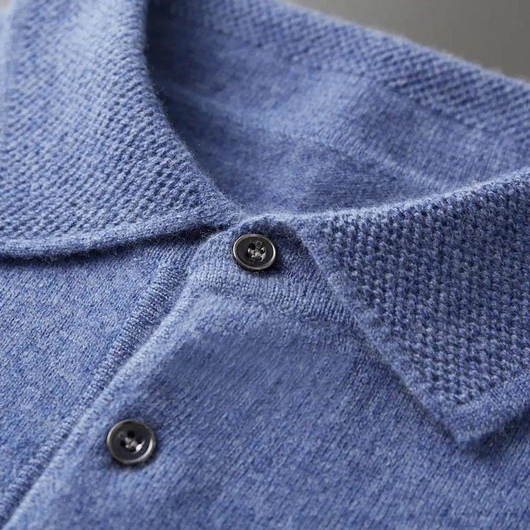 Comfortable men's long sleeve cashmere polo sweater. Refined knit pullover for everyday elegance.