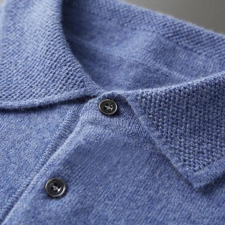 Comfortable men's long sleeve cashmere polo sweater. Refined knit pullover for everyday elegance.