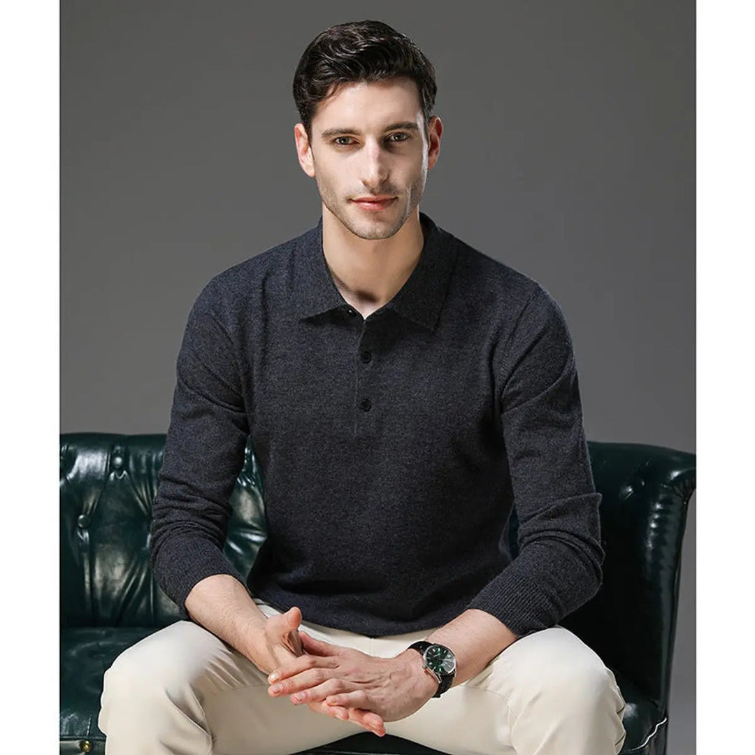Elegant men's winter fashion: long sleeve cashmere button polo sweater. Refined office wear.