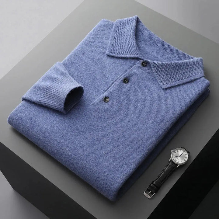Versatile men's refined cashmere knit polo jumper. Long sleeve button detail for sophisticated style.