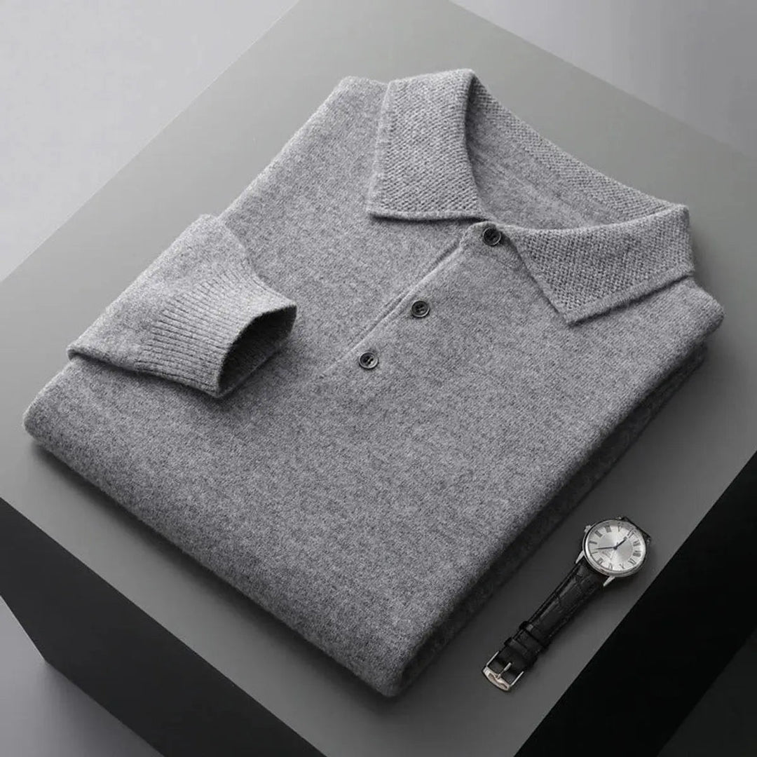 Elegant men's cashmere knit polo jumper, long sleeve. Perfect for office wear & winter fashion.