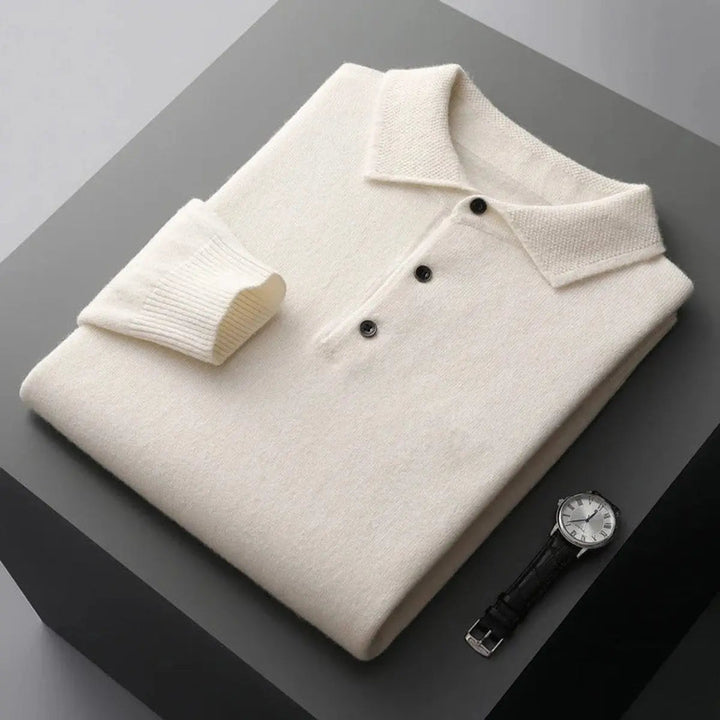 Smart casual men's button polo sweater. Refined long sleeve cashmere knitwear for versatile style.