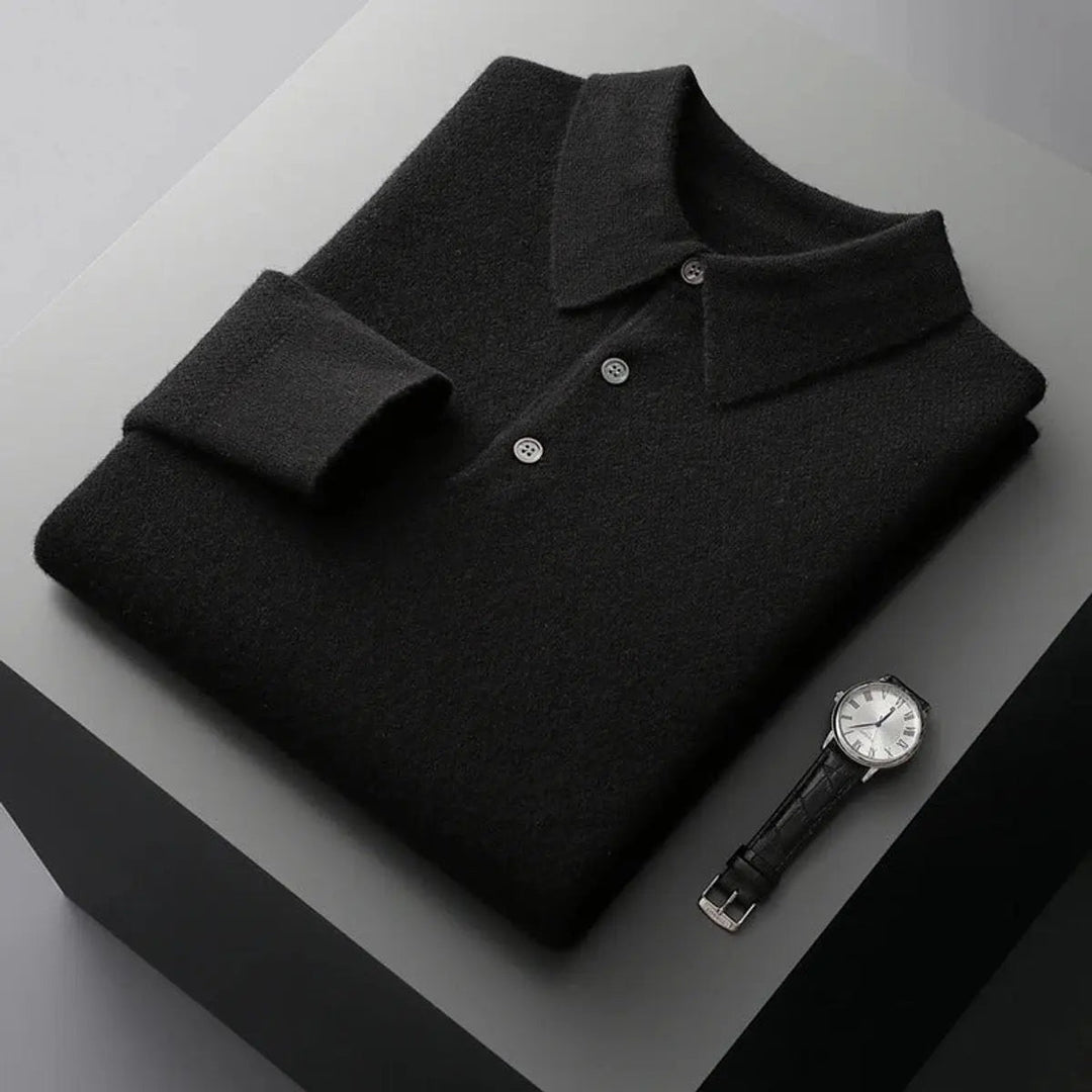 Luxurious men's cashmere button polo jumper. Warm long sleeve knit for winter fashion.