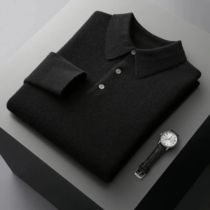 Luxurious men's cashmere button polo jumper. Warm long sleeve knit for winter fashion.