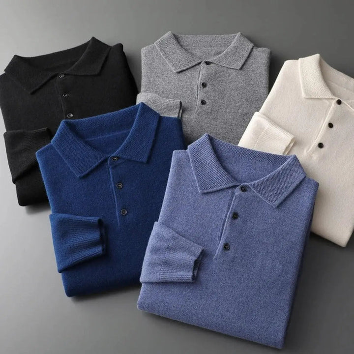 Versatile men's long sleeve polo sweater, refined cashmere knit. Ideal for smart office wear.