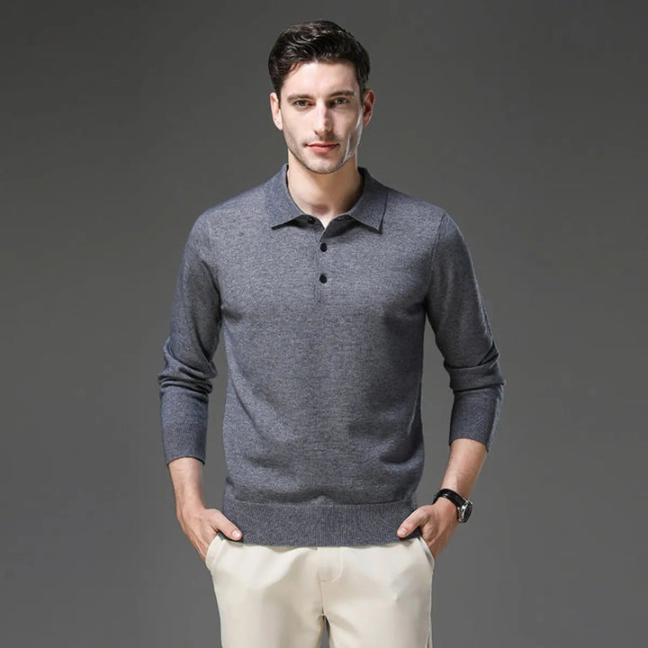 Men's knit jumper with button polo collar. Long sleeve cashmere pullover for sophisticated style.