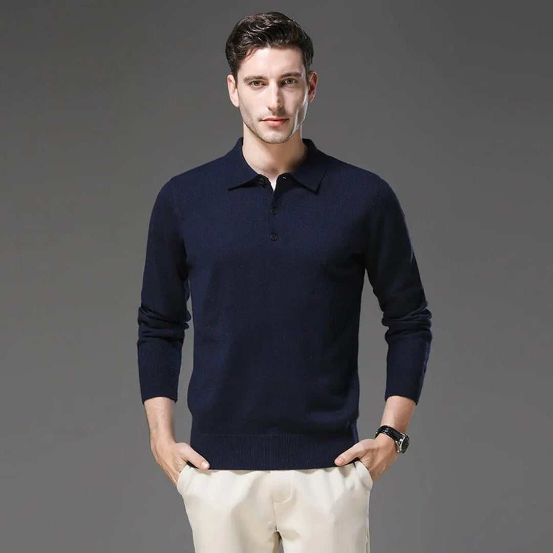 Refined men's long sleeve button polo sweater. Premium cashmere knit for stylish office fashion.