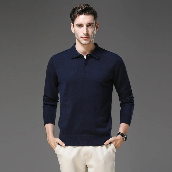 Refined men's long sleeve button polo sweater. Premium cashmere knit for stylish office fashion.