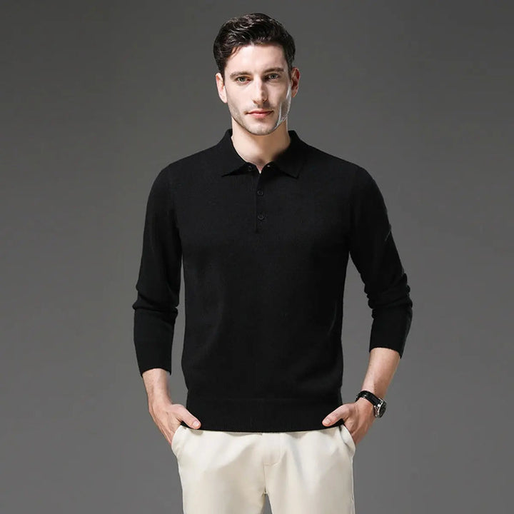 Classic men's cashmere button polo jumper. Warm, long sleeve knitwear for elegant winter fashion.