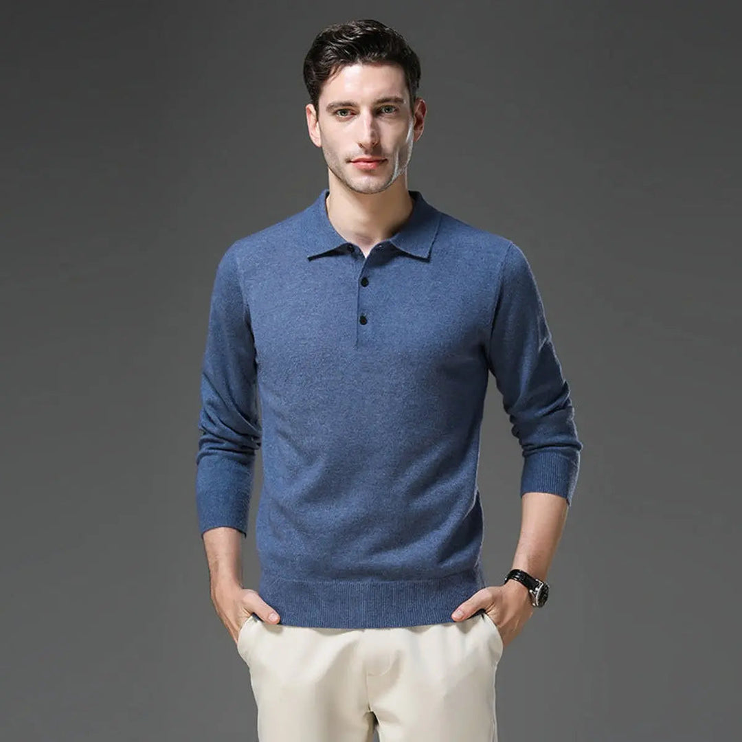 Stylish men's long sleeve pullover sweater. Refined cashmere knit with button polo collar.