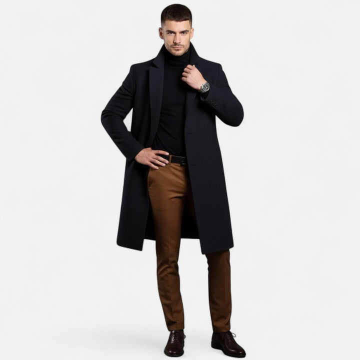 Autumn men's mid-length trench coat. Refined Oxford style offers classic sophistication & casual elegance.