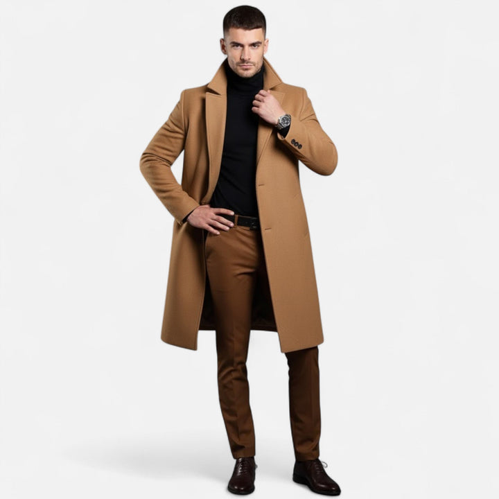Slim-fit men's mid-length trench coat, versatile for autumn and winter. Classic business & casual elegance.