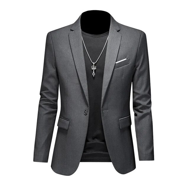 Elegant men's tailored blazer, single-breasted design, ideal for smart casual or business fashion.
